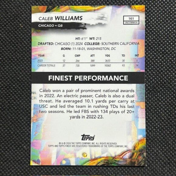 2024 Topps Finest - Uncommon Caleb Williams #161 Purple Refractor /200 RC Rookie - Picture 3 of 3